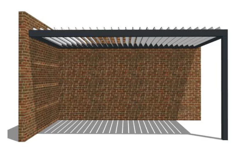 Carport structure with a brick wall on a white background