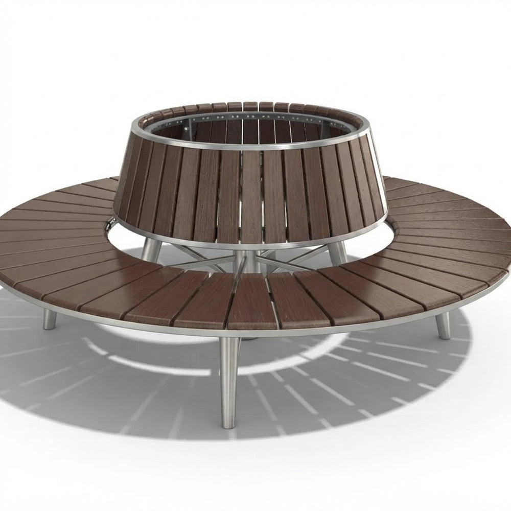 Circular tree‑surround bench with raised tapered inner cone
Wood‑slat ring bench with steel frame
Outdoor circular bench designed around a tree
Radial wood‑slat bench with elevated center
Modern circular bench with tapered inner structure
Steel frame tree‑surround seating bench
Circular park bench with open center
Hardwood slat bench with raised cone design
Public seating bench with circular wood slats
TAIMCO circular tree‑surround bench