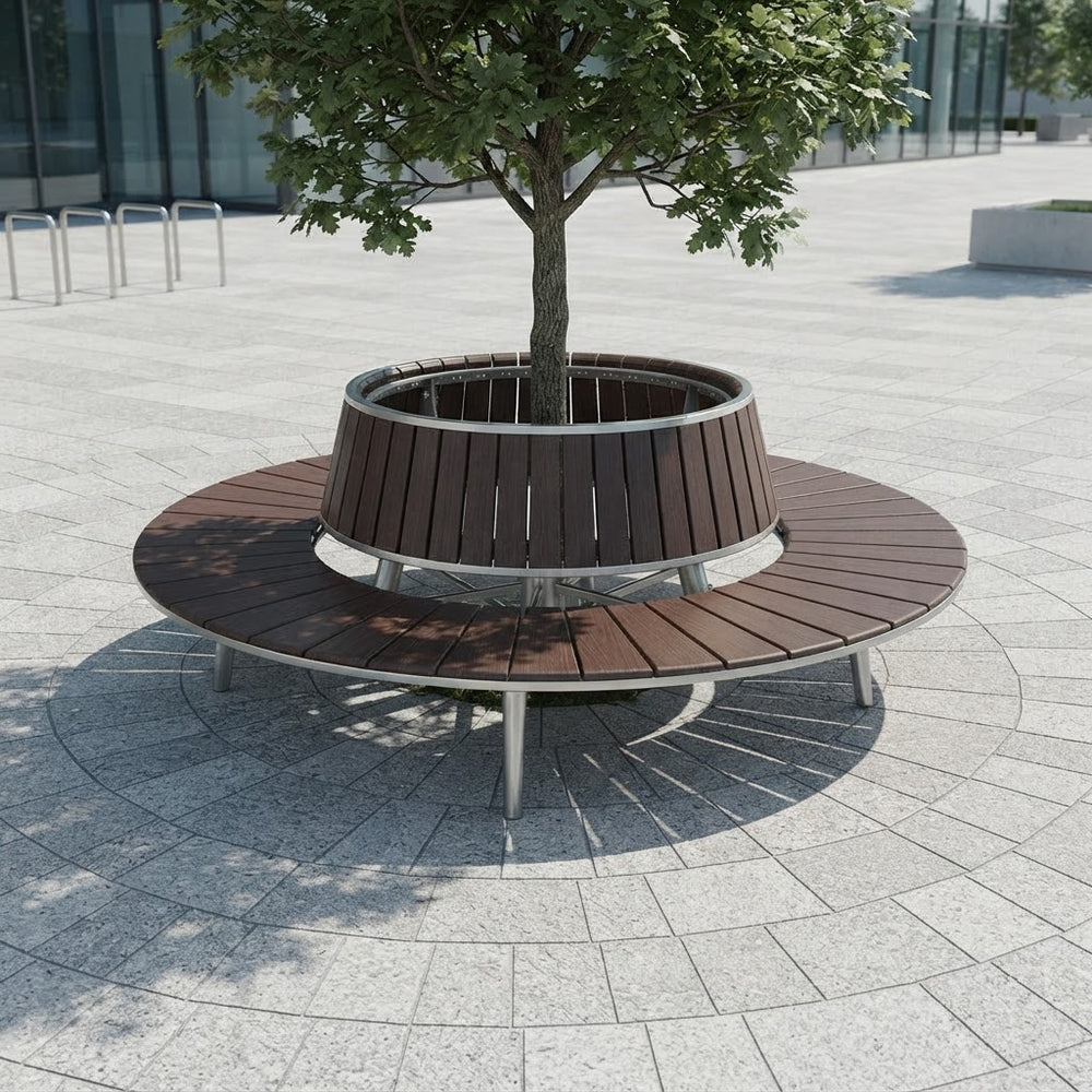Circular tree‑surround bench with raised tapered inner cone
Wood‑slat ring bench with steel frame
Outdoor circular bench designed around a tree
Radial wood‑slat bench with elevated center
Modern circular bench with tapered inner structure
Steel frame tree‑surround seating bench
Circular park bench with open center
Hardwood slat bench with raised cone design
Public seating bench with circular wood slats
TAIMCO circular tree‑surround bench