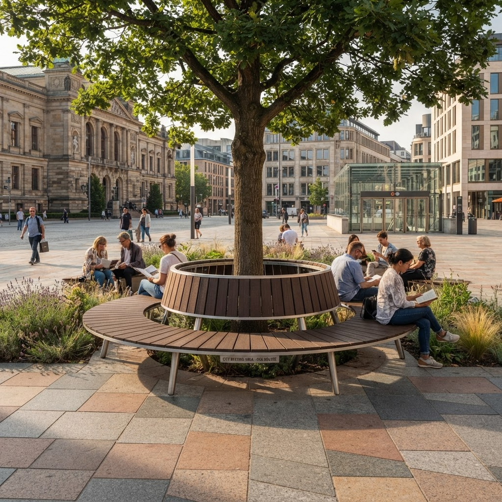 Circular tree‑surround bench with raised tapered inner cone
Wood‑slat ring bench with steel frame
Outdoor circular bench designed around a tree
Radial wood‑slat bench with elevated center
Modern circular bench with tapered inner structure
Steel frame tree‑surround seating bench
Circular park bench with open center
Hardwood slat bench with raised cone design
Public seating bench with circular wood slats
TAIMCO circular tree‑surround bench