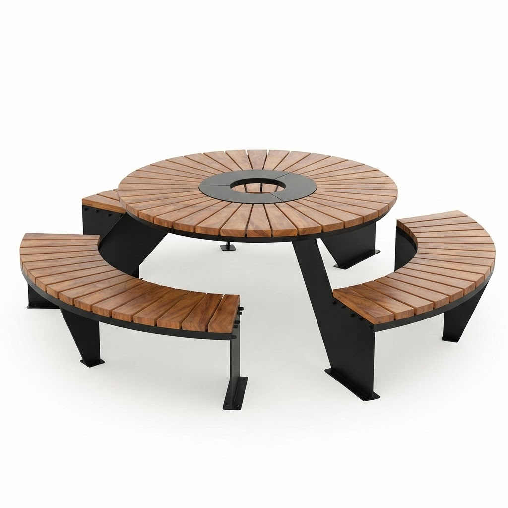 Round outdoor picnic table with curved bench seating, featuring a wood-look slatted top and backrest with black metal frame structure, shown on a white background.
