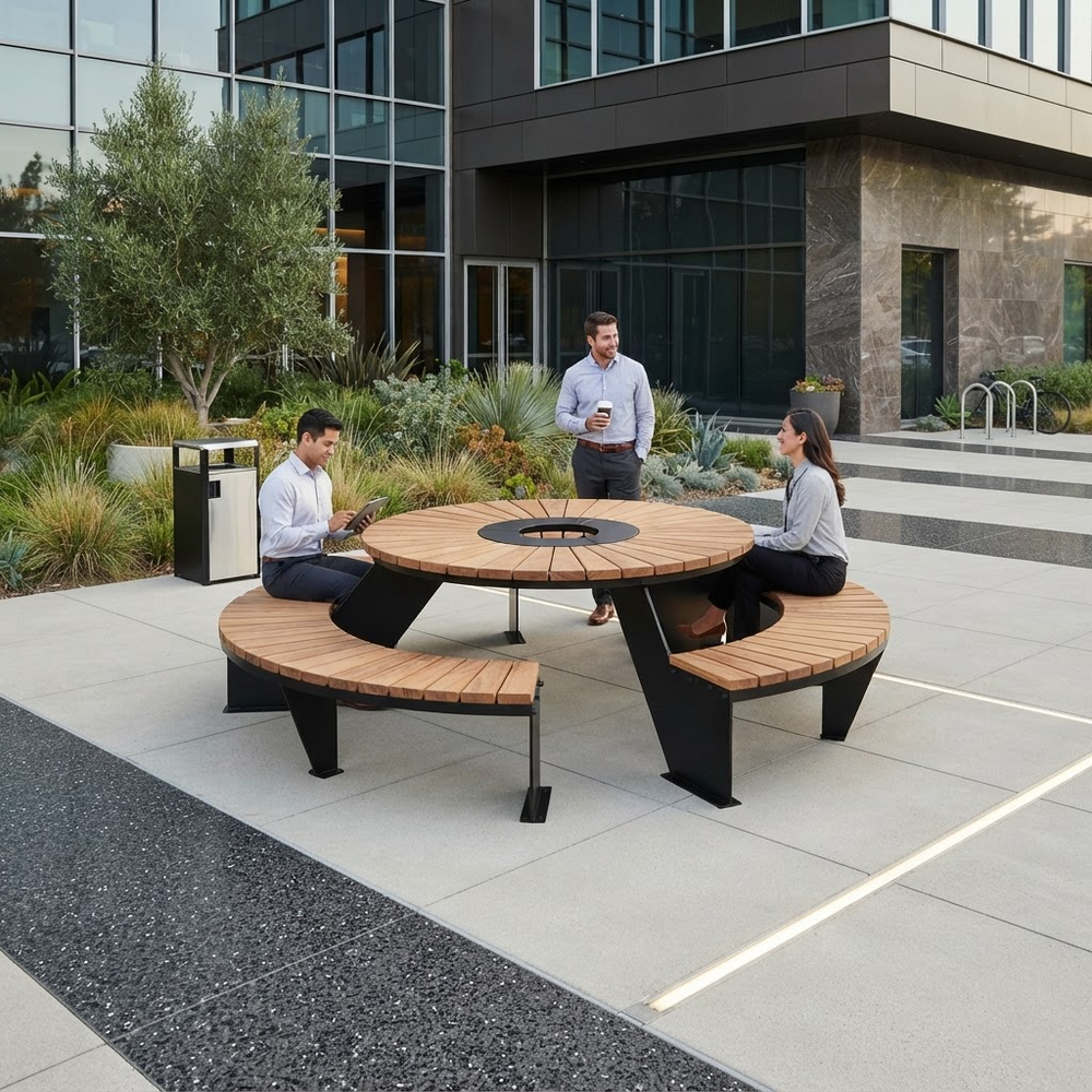 A modern round outdoor patio table with curved bench seating and a central fire pit, shown in a real-world outdoor patio setting with three people gathered around it.