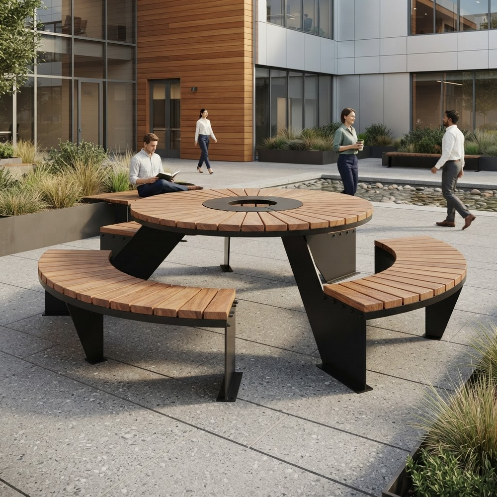 A modern round outdoor dining table with curved wooden benches and black metal legs, shown in a real courtyard setting with several people using and walking around it.