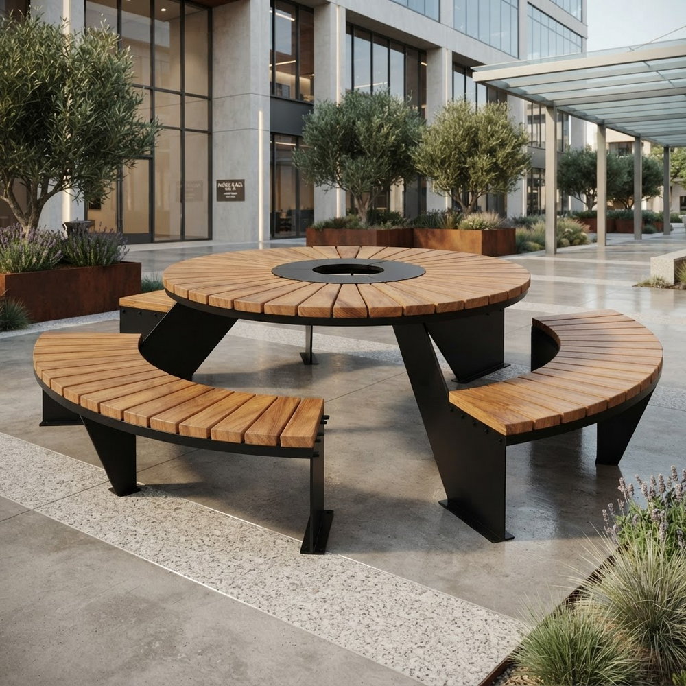 A modern round outdoor dining table with a black fire pit center and curved wooden benches, shown in a landscaped urban patio setting.