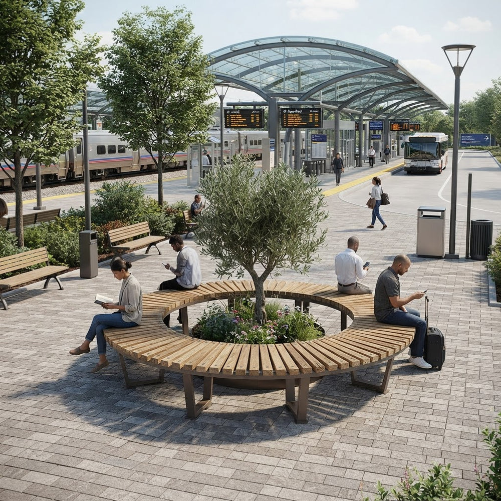 A modern outdoor train station plaza with curved wooden benches, people sitting and using their phones, a central tree in a planter, and a train arriving under a glass canopy.