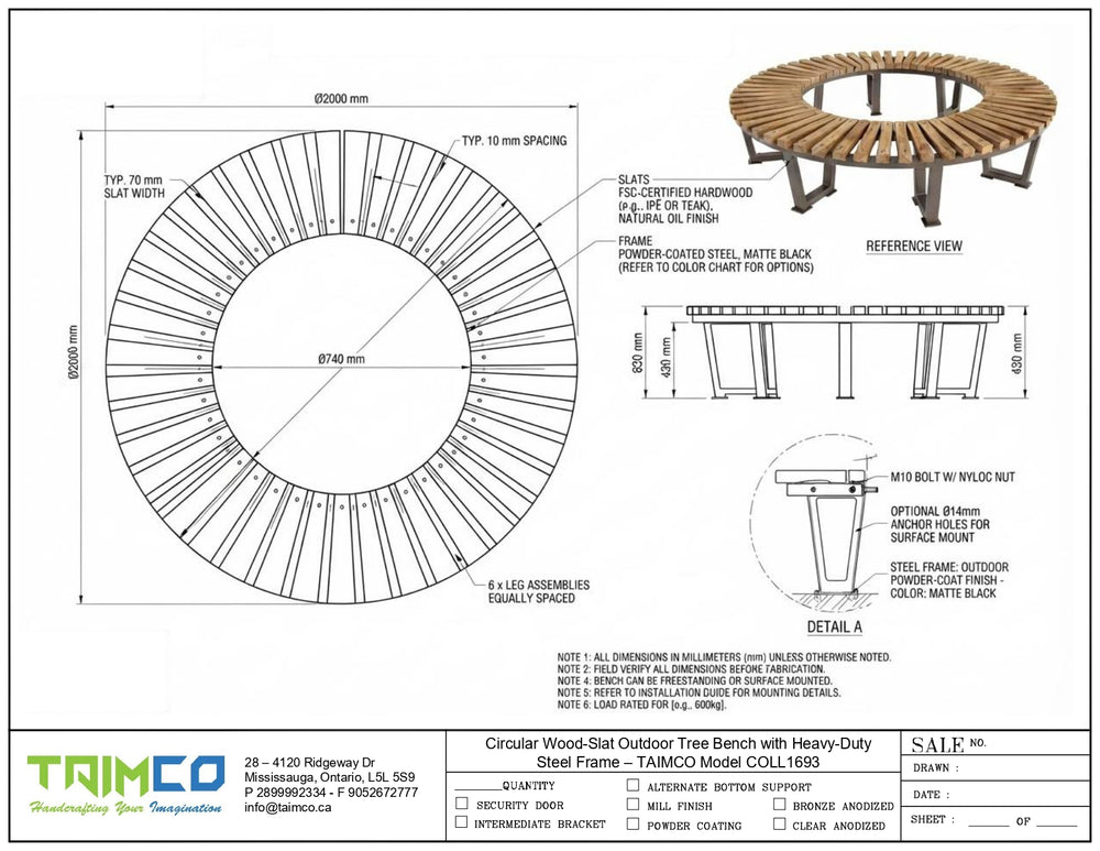 Technical specification sheet and dimension drawing for a circular wood-slat outdoor tree bench by TRAMCO, showing front, side, top views, measurements, and detail callouts on a white background.