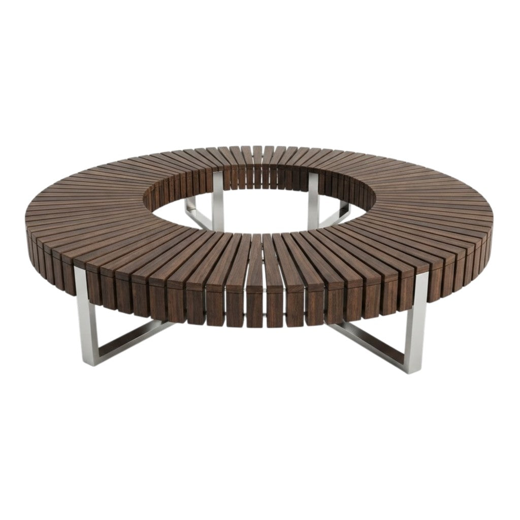 A round outdoor bistro table with a dark brown slatted wooden seat and a silver metal frame, shown against a plain white background.
