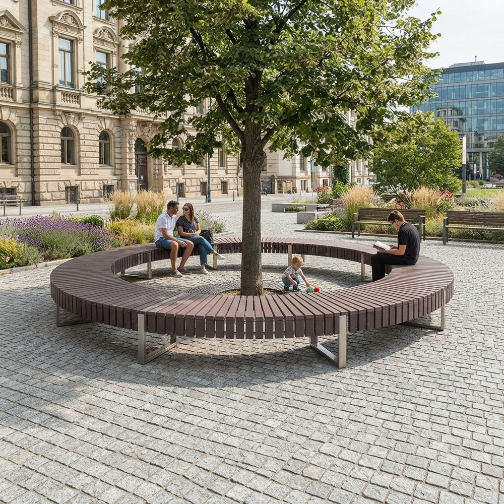 A large circular outdoor bench made of dark brown wood slats with a silver metal frame, arranged in a U-shape around a tree in a paved public square. Several people are sitting on the bench, including a child, in front of a grand classical building.