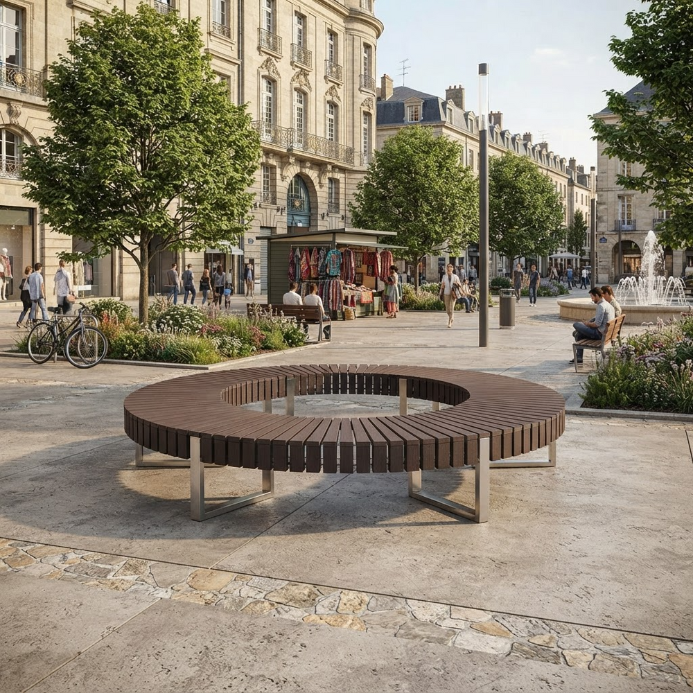 A modern circular outdoor bench with dark brown slatted seating and light gray metal legs, placed in a spacious urban plaza with trees, historic buildings, pedestrians, and a fountain in the background.
