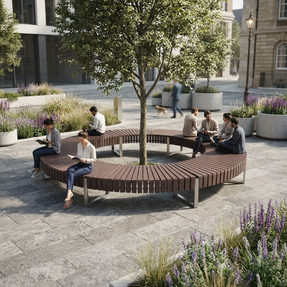 A curved outdoor wooden bench with a tree in the center, shown in a modern plaza setting with several people sitting and reading. The bench has a dark brown wood-look slatted seat and light gray metal frame.