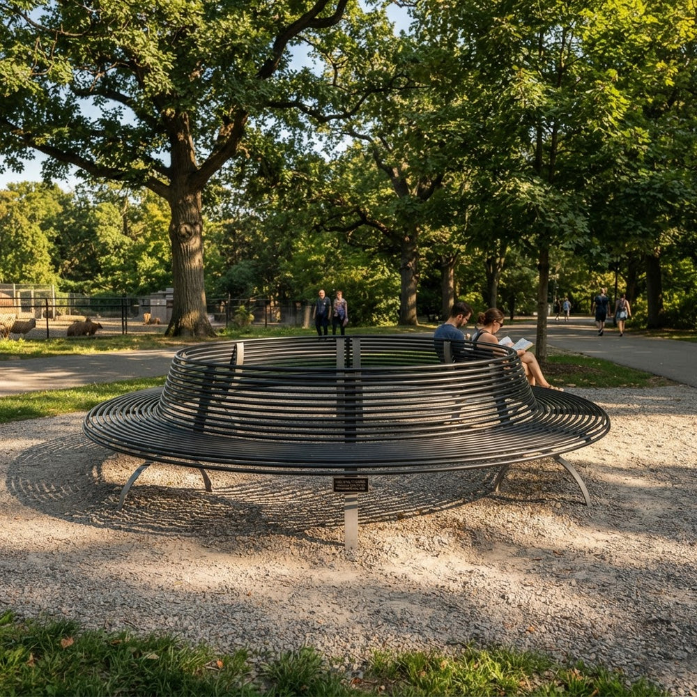 A large circular black metal park bench sits on a gravel-covered lawn in a sunny park, with people sitting on it and trees in the background.