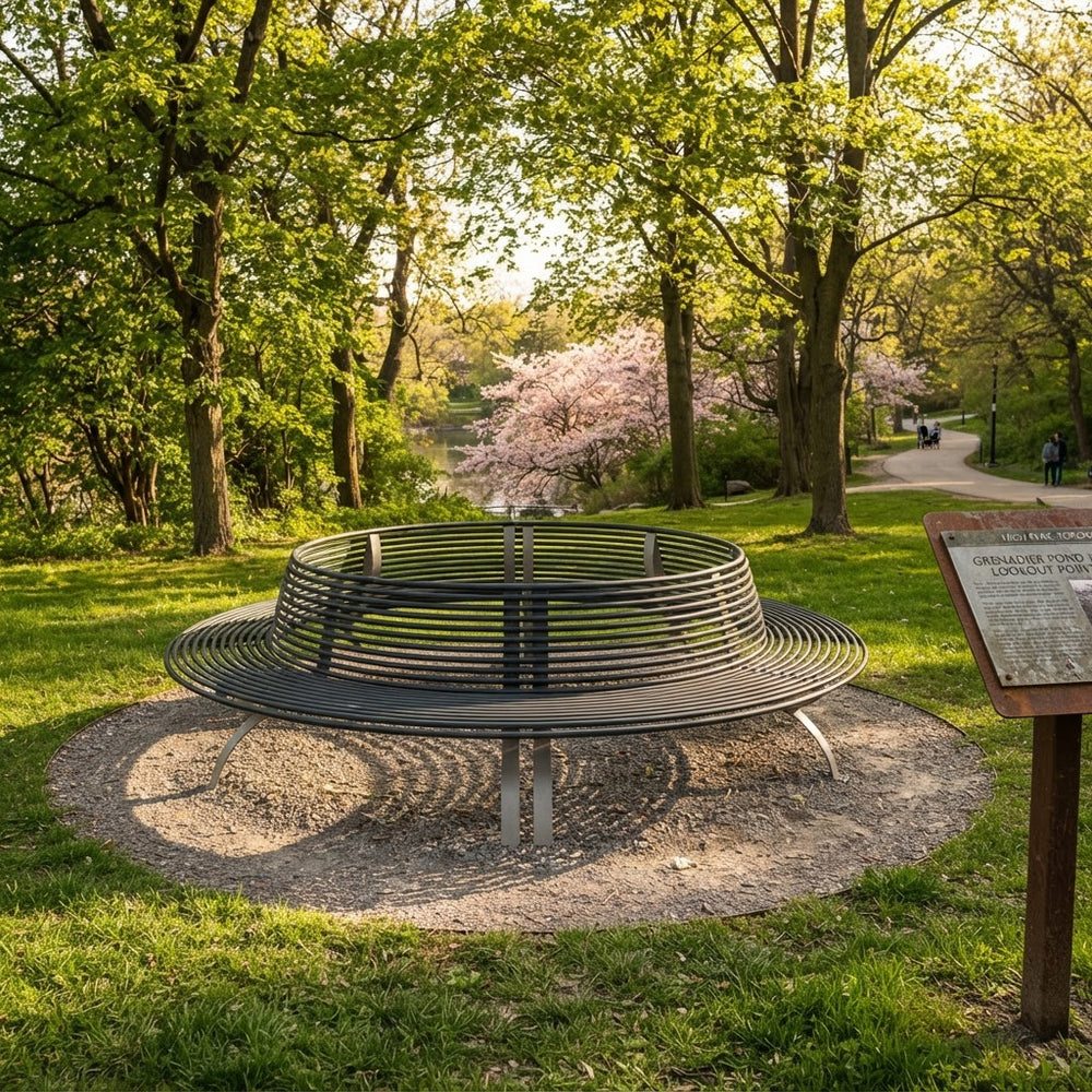 A modern circular metal fire pit bench with a slatted design sits on a gravel base in a grassy park area surrounded by green trees and a walking path in the background.