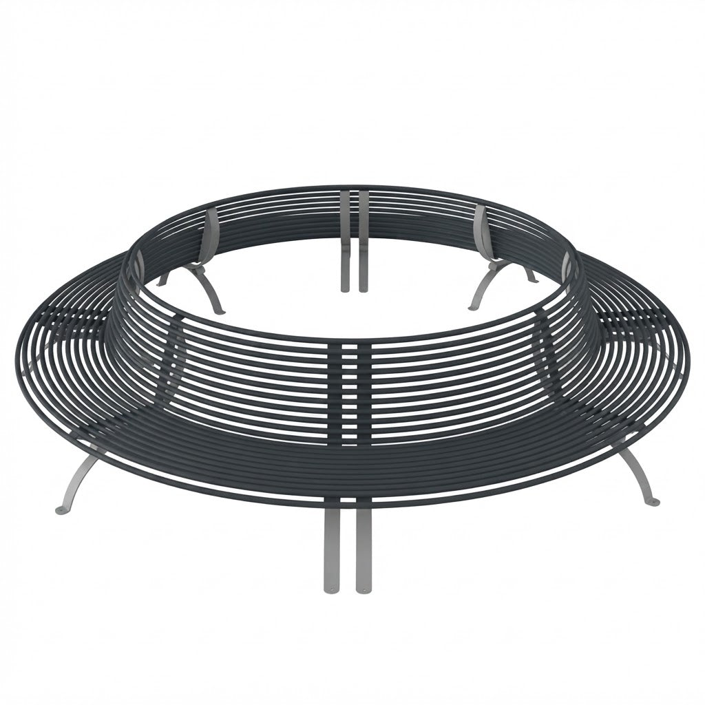 A round outdoor fire pit table with a dark gray metal slatted seat and silver-colored legs, shown on a solid white background.