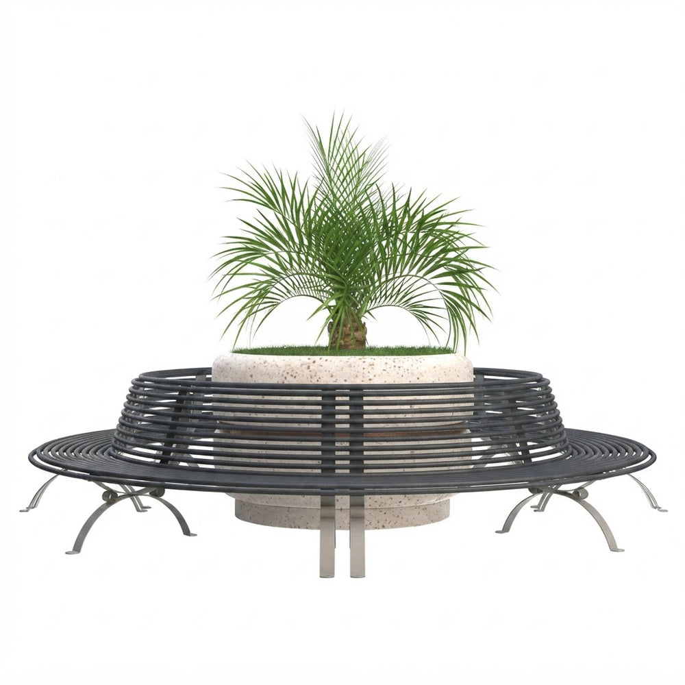 A modern circular outdoor bench with a curved black metal seat and backrest, featuring a built-in round planter holding a green palm-like plant, shown on a plain white background.