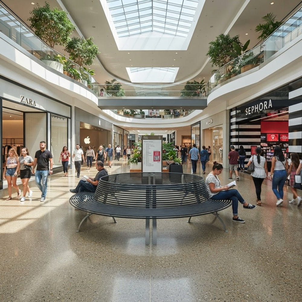 A wide interior shot of a modern shopping mall atrium with multiple levels, glass skylights, and shoppers walking around. A large round black slatted bench sits in the foreground, with people seated and standing nearby.