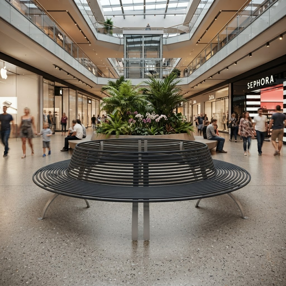 A modern circular outdoor-style bench with curved black slats and silver legs, placed in a large indoor shopping mall atrium with people walking around and plants in the background.