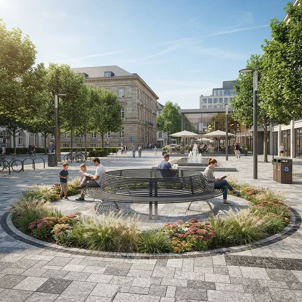 A modern outdoor plaza with a large circular bench surrounded by landscaped flowers and grass. Several people are seated on the bench, and the plaza is framed by trees and historic-style buildings under a clear blue sky.