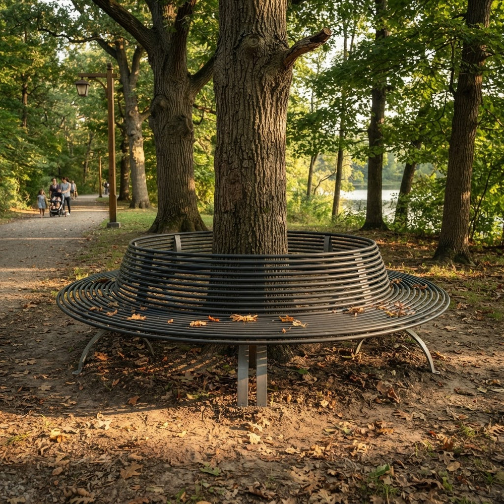 A modern circular metal park bench with a slatted back and seat, positioned around the base of a large tree in a wooded park setting with a path and distant people visible.