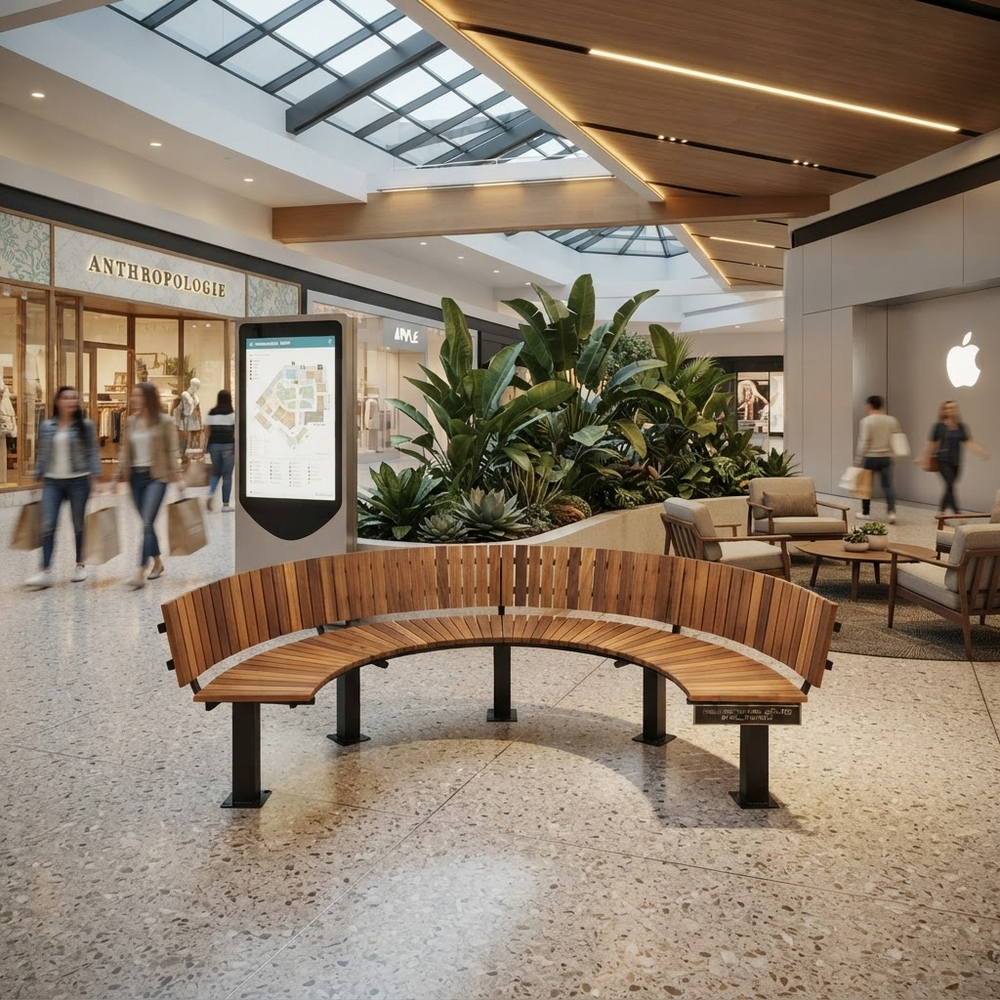 A curved wooden outdoor-style bench with black metal legs is placed in a modern shopping mall interior. A large digital kiosk, dense green plants, seating areas, and shoppers are visible in the background.