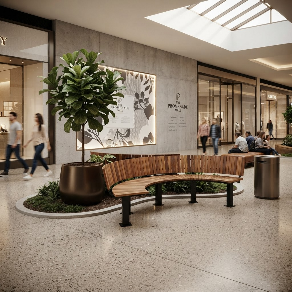 A curved wooden bench with black metal legs in a modern indoor plaza, surrounded by a large potted fiddle-leaf fig plant and a round metal trash can. A concrete wall with storefront windows and shoppers is visible in the background.