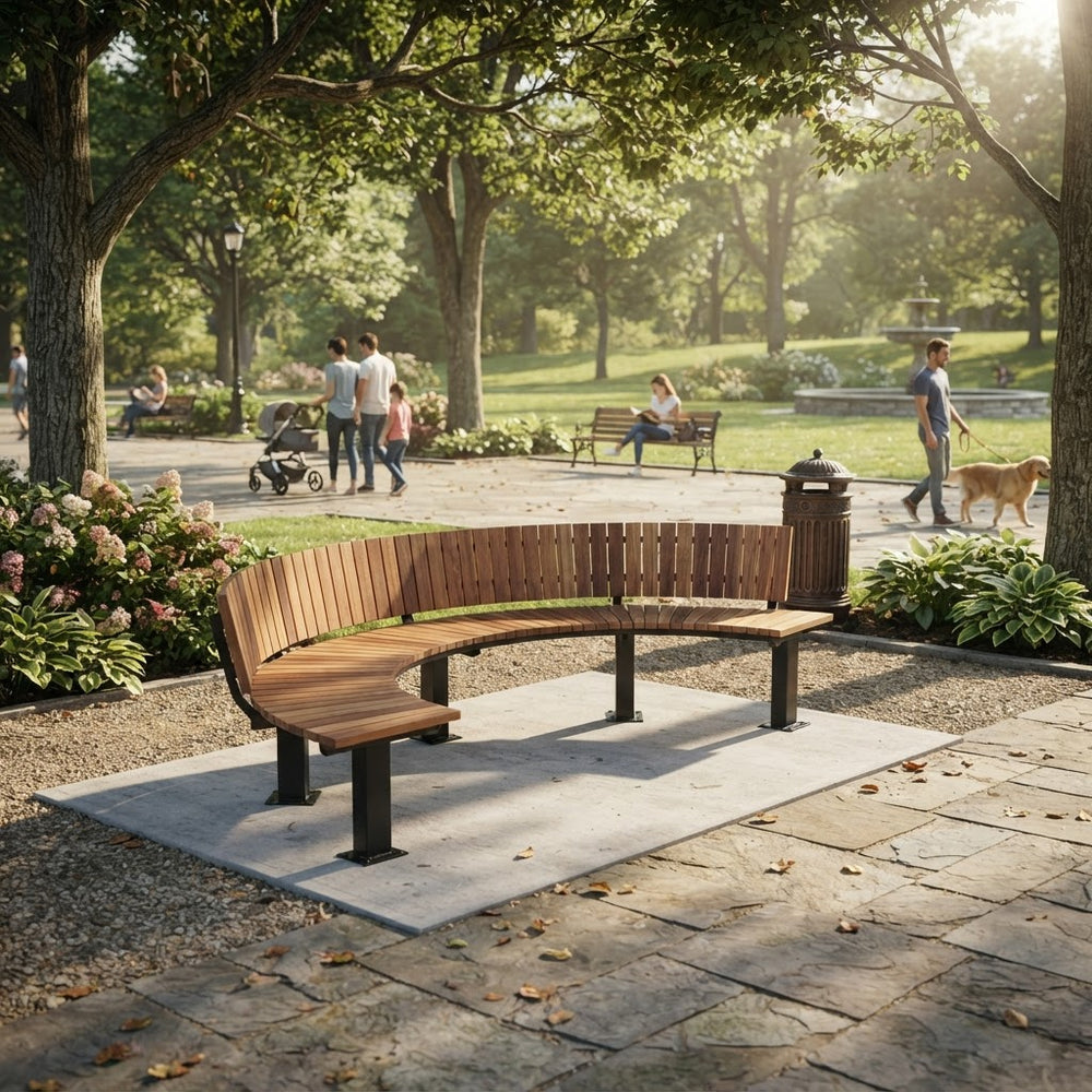 A curved wooden park bench with black metal legs sits on a concrete pad in a sunlit public park. Trees, walking paths, benches, people, and a trash can are visible in the background.