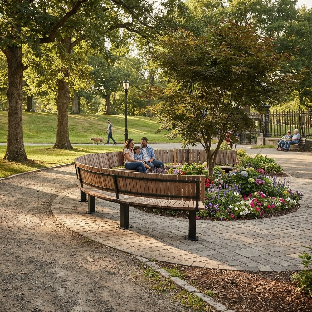 A curved wooden park bench with black metal supports is situated in a landscaped garden bed with flowers, surrounded by a paved path and trees in a park setting.