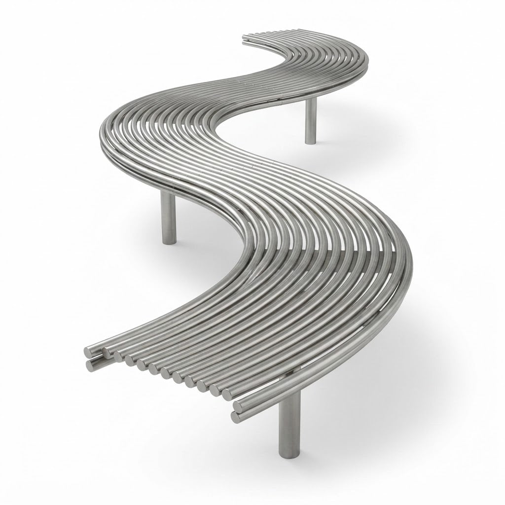 A modern curved outdoor bench with a wavy, S-shaped design made of parallel metallic tubes, shown on a clean white background.