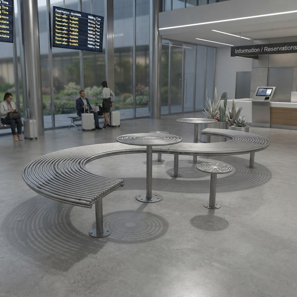 A modern curved stainless steel airport lounge seating area with integrated tables and benches, shown in a spacious airport terminal interior with passengers, departure boards, and a reception desk in the background.