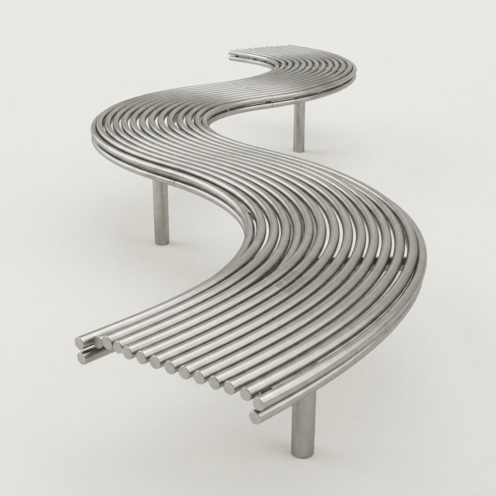 A modern curved metal bench with parallel tubular steel bars forming a wavy S-shape, supported by four cylindrical legs, shown on a light gray studio background.