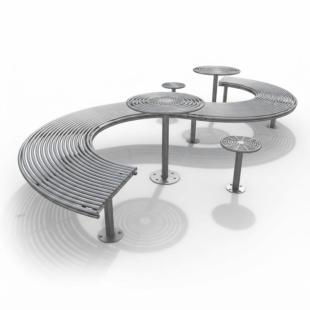 A modern curved metal outdoor seating and table set on a clean white background. The set includes a long serpentine bench with slatted curved seats, several round pedestal tables with flanged bases, and two smaller standalone stools.