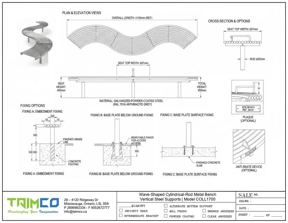 Technical specification sheet and assembly diagram for the Trimco Wave-Shaped Cylindrical-Rod Metal Bench (Model: COLL-1700), showing cross-sections, dimensions, and mounting options.