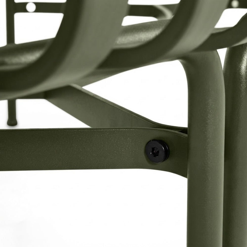 Close-up detail of an olive green metal outdoor chair frame, showing a black hex screw fastening a horizontal support bar to a vertical leg, against a white background.