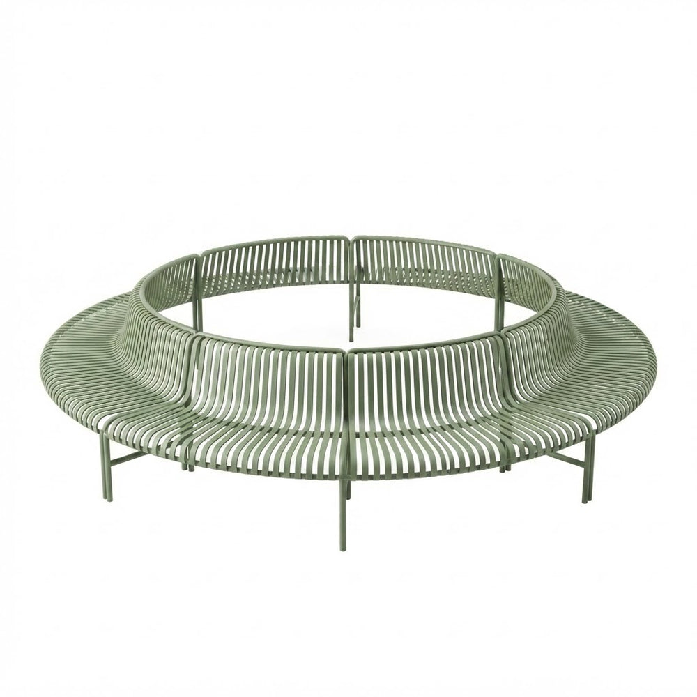 A round outdoor seating piece with a curved, multi-tiered design made of thin metal slats, shown on a plain white background.