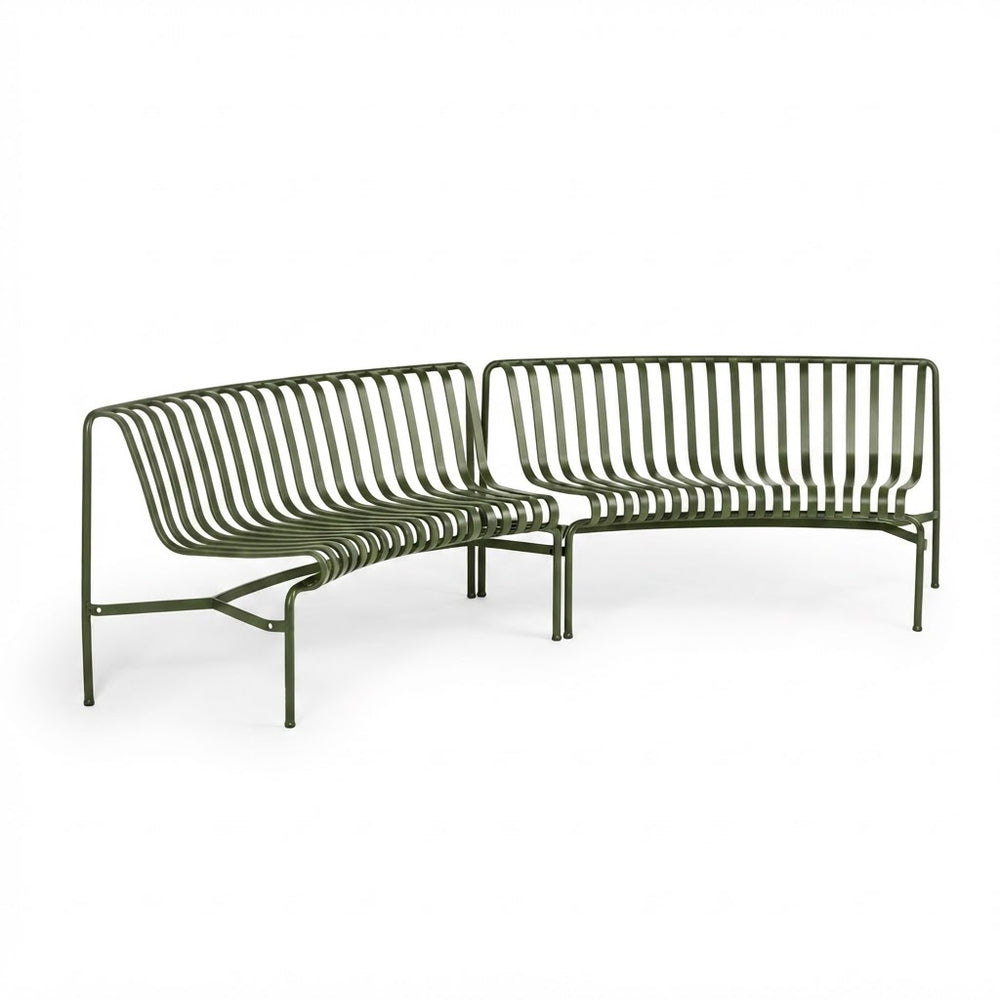 An olive green metal outdoor corner sofa with a slatted wire design, shown on a clean white background.