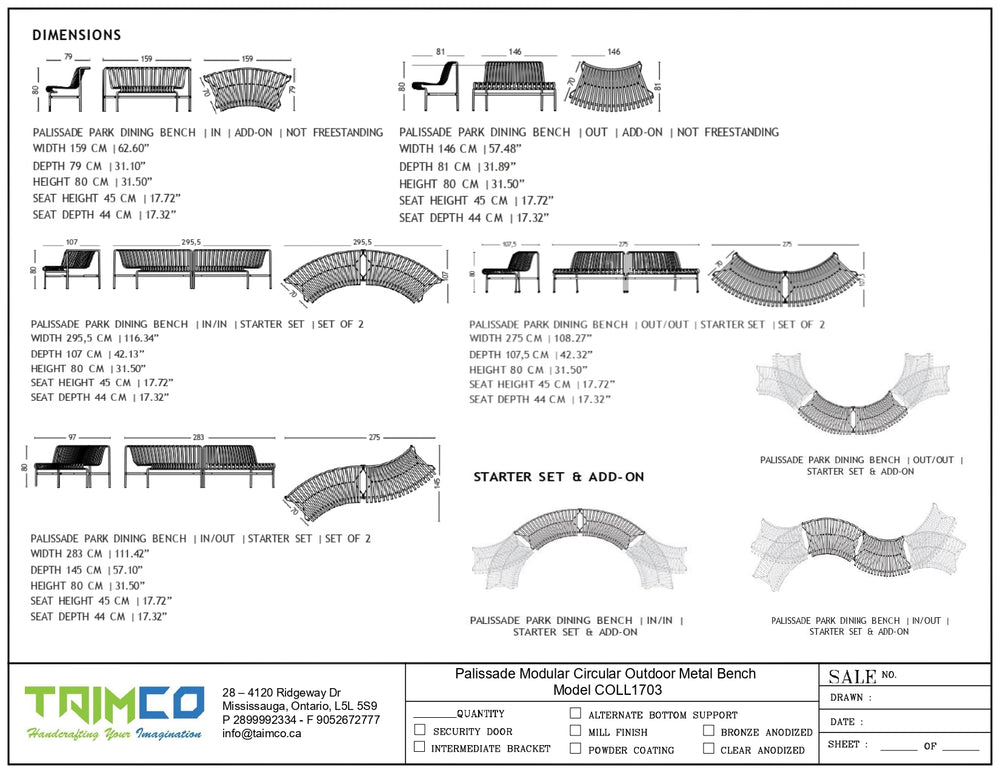A technical specification and dimension chart for the Trailero Palisade Park Dining Bench by Trameo, showing front, side, and back views with measurements, notes on freestanding options, and a sale table.