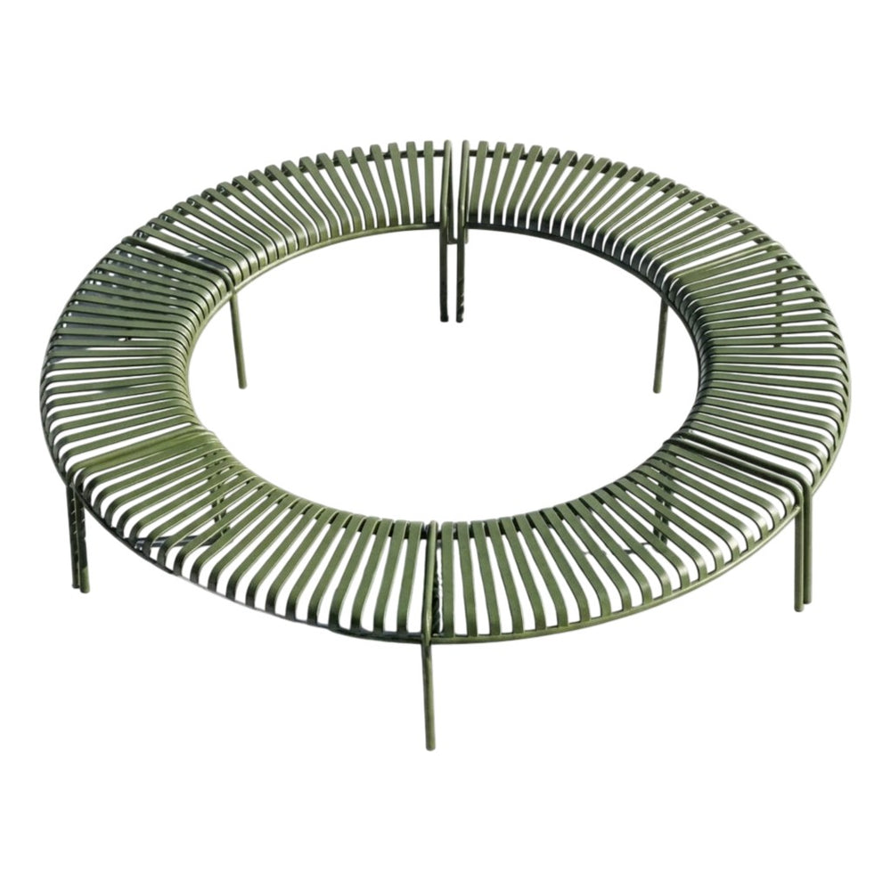 A modern circular outdoor seating piece with a slatted metal design in a muted olive green color, shown from a high angle on a plain white background.