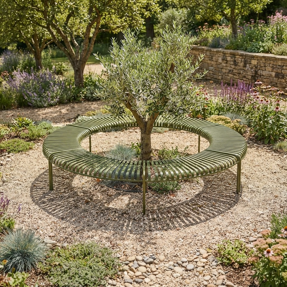 A circular outdoor bench made of green slats surrounds a central tree in a landscaped garden with gravel, plants, and a stone wall in the background.