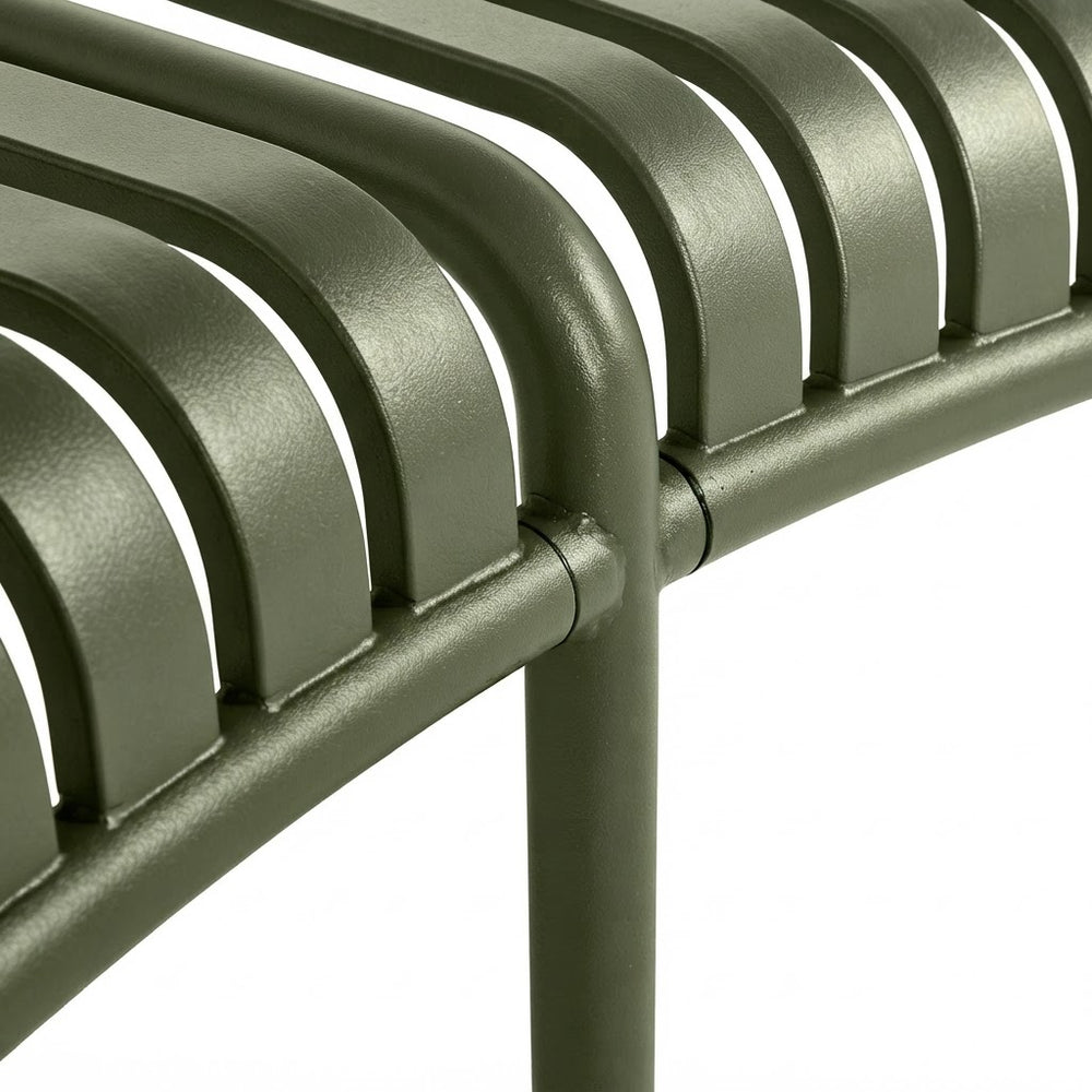 Close-up of a modern outdoor chair with a curved olive green slatted metal seat and frame, shown against a plain white background.
