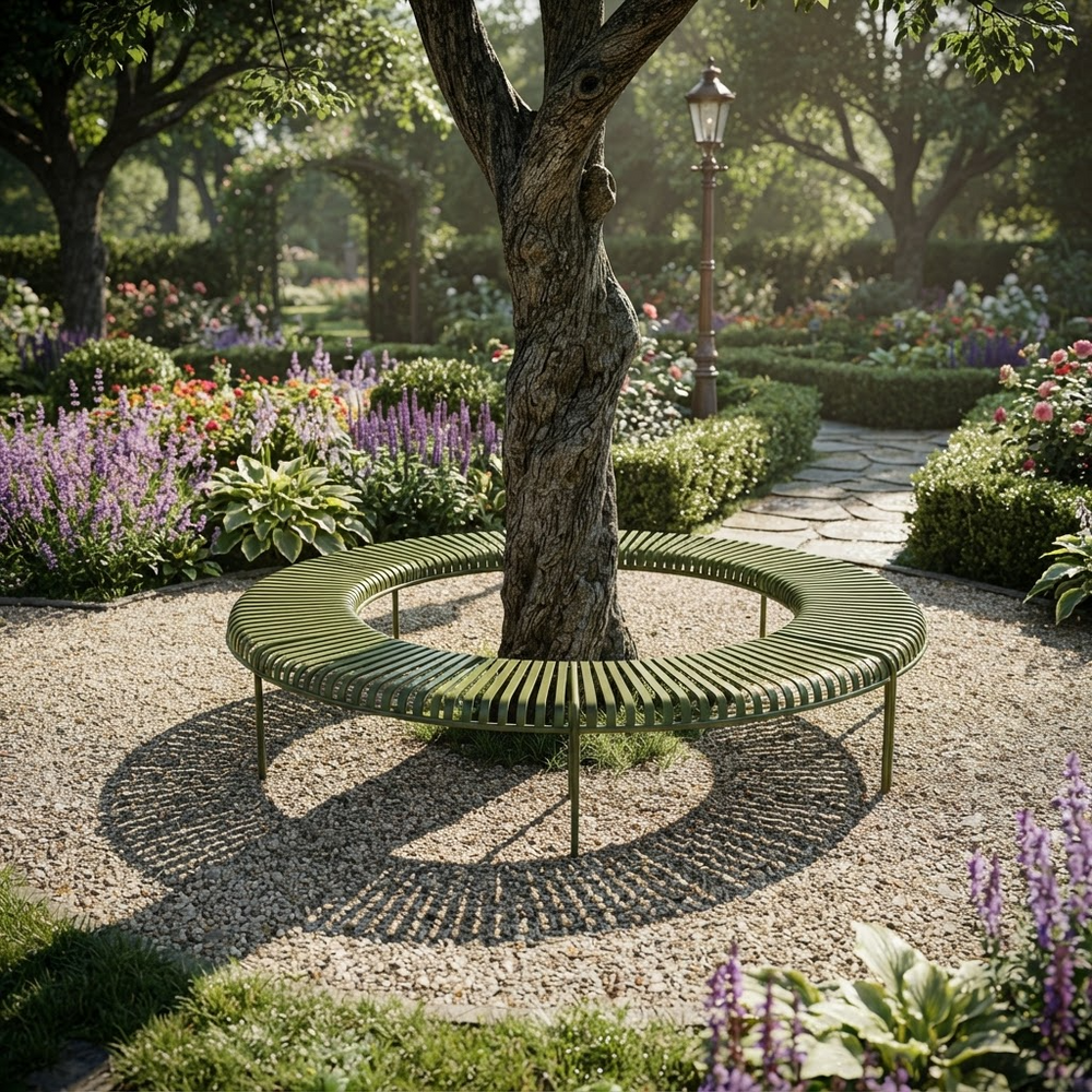 A circular outdoor bench made of green slats sits around the base of a large tree in a landscaped garden with gravel, flowers, hedges, and a stone path.