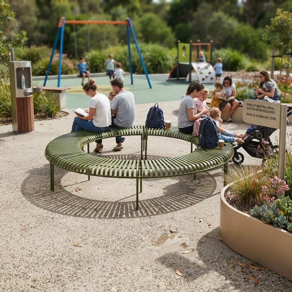 An outdoor park scene with a curved green bench seating several people, including children and adults, in a playground area with swings, colorful play equipment, trees, and a water fountain nearby.