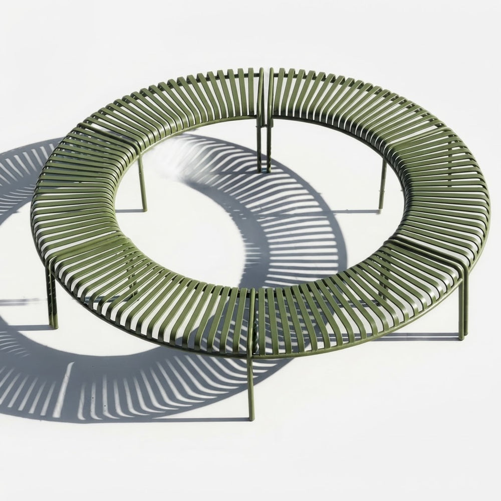 A modern circular outdoor bench with a slatted metal design in olive green, shown on a clean white background with a prominent shadow.