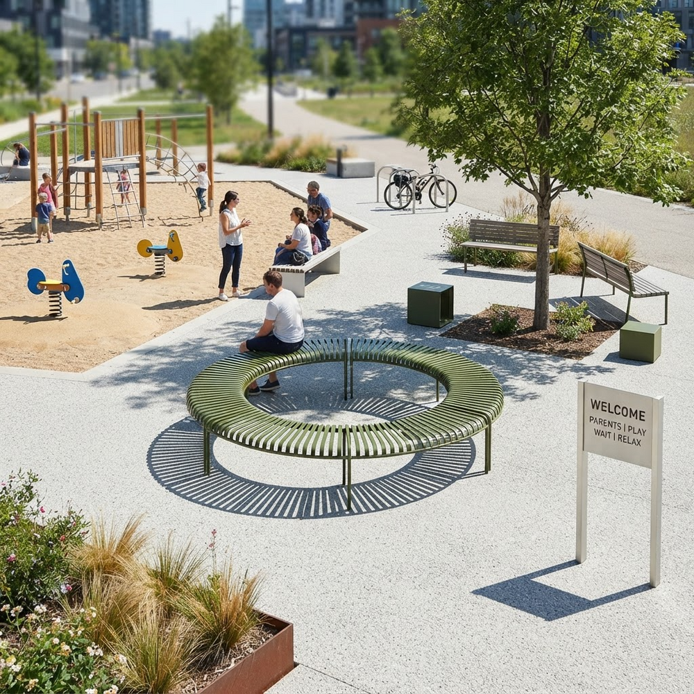 A modern outdoor park plaza with a circular slatted green bench in the foreground, children playing on playground equipment to the left, benches, trees, planters, and a welcome sign on a light concrete surface.