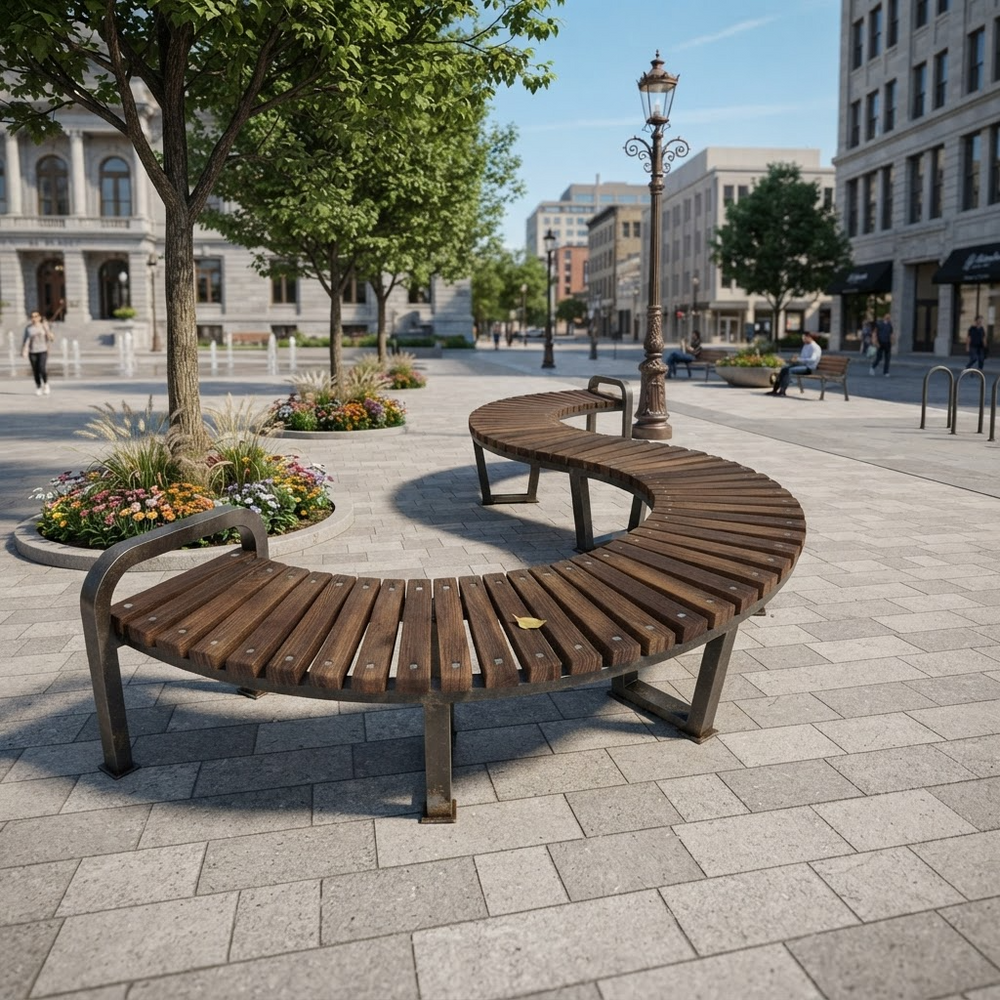A curved wooden outdoor bench with a metal frame sits on a paved city plaza surrounded by trees, flower beds, and buildings.
