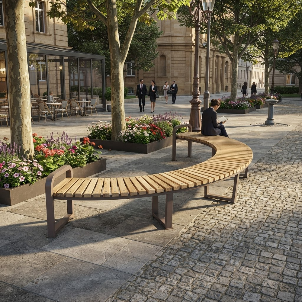 A curved wooden park bench with dark metal supports is shown in a real outdoor plaza with trees, flowers, lampposts, and people sitting and walking nearby.