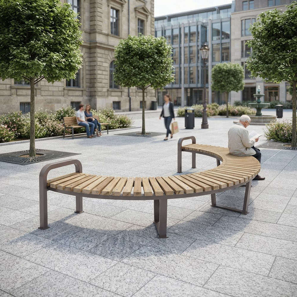 A curved outdoor wooden bench with dark metal supports in a city plaza, with a man sitting on one end reading a newspaper. Other benches, trees, and buildings are visible in the background.