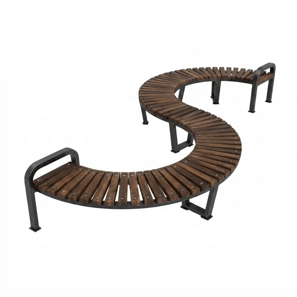 A curved outdoor bench with dark brown wooden slats and a black metal frame, shown on a plain white background.