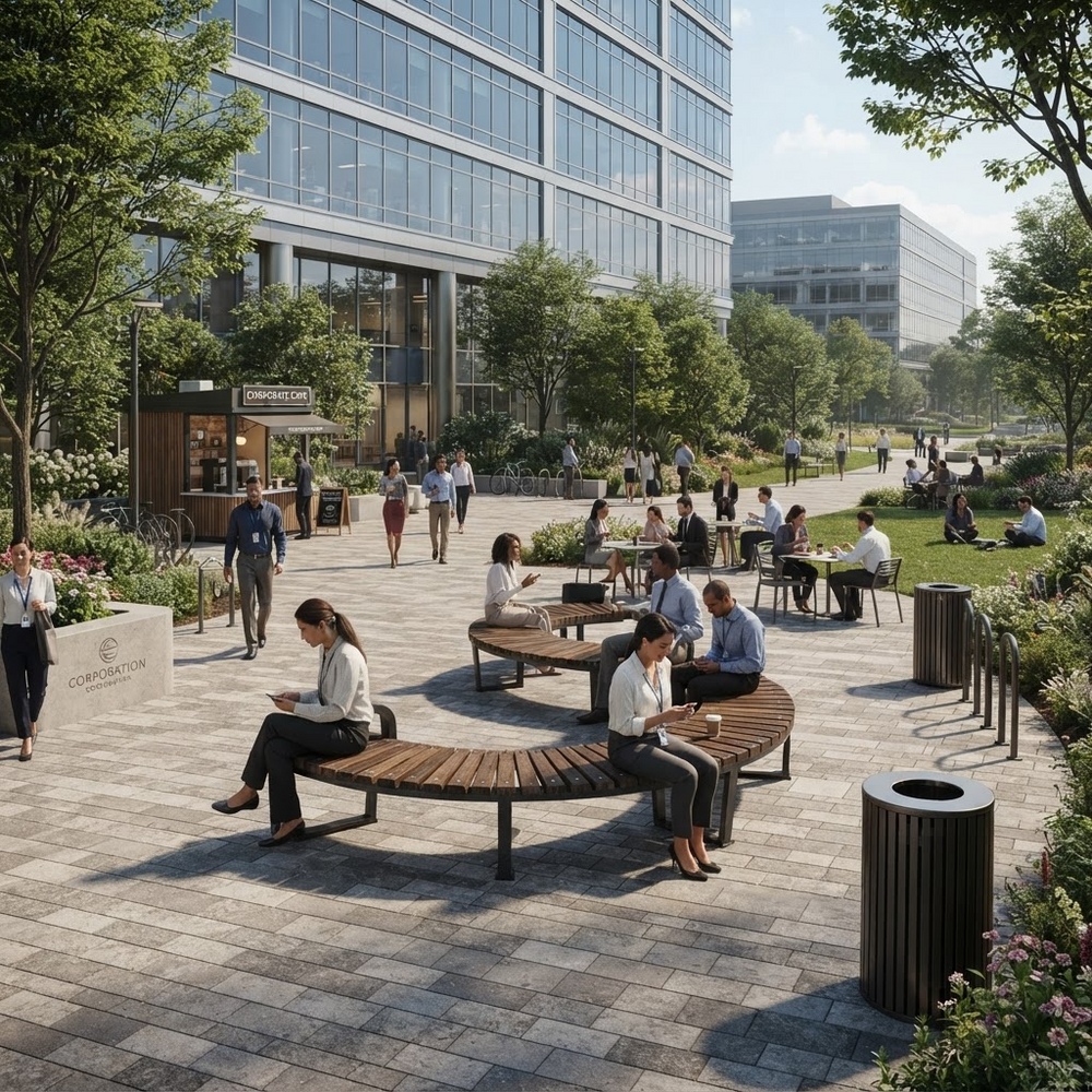 A modern outdoor plaza in front of a glass office building, with curved wooden benches, people sitting and walking, trees, planters, and trash cans under a bright sky.