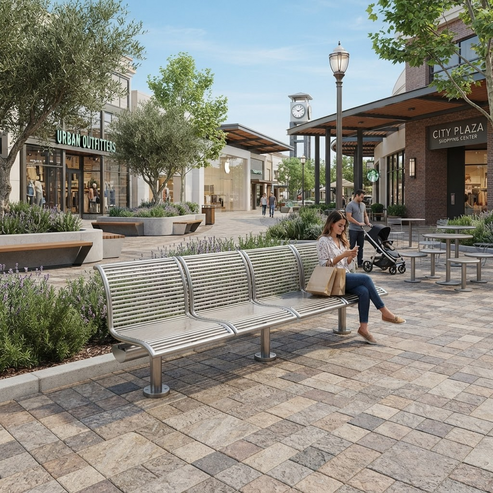 A modern stainless steel outdoor bench in a landscaped shopping plaza, with a woman sitting on it and looking at her phone. The scene includes paved walkways, trees, planters, and storefronts such as Urban Outfitters and City Plaza.