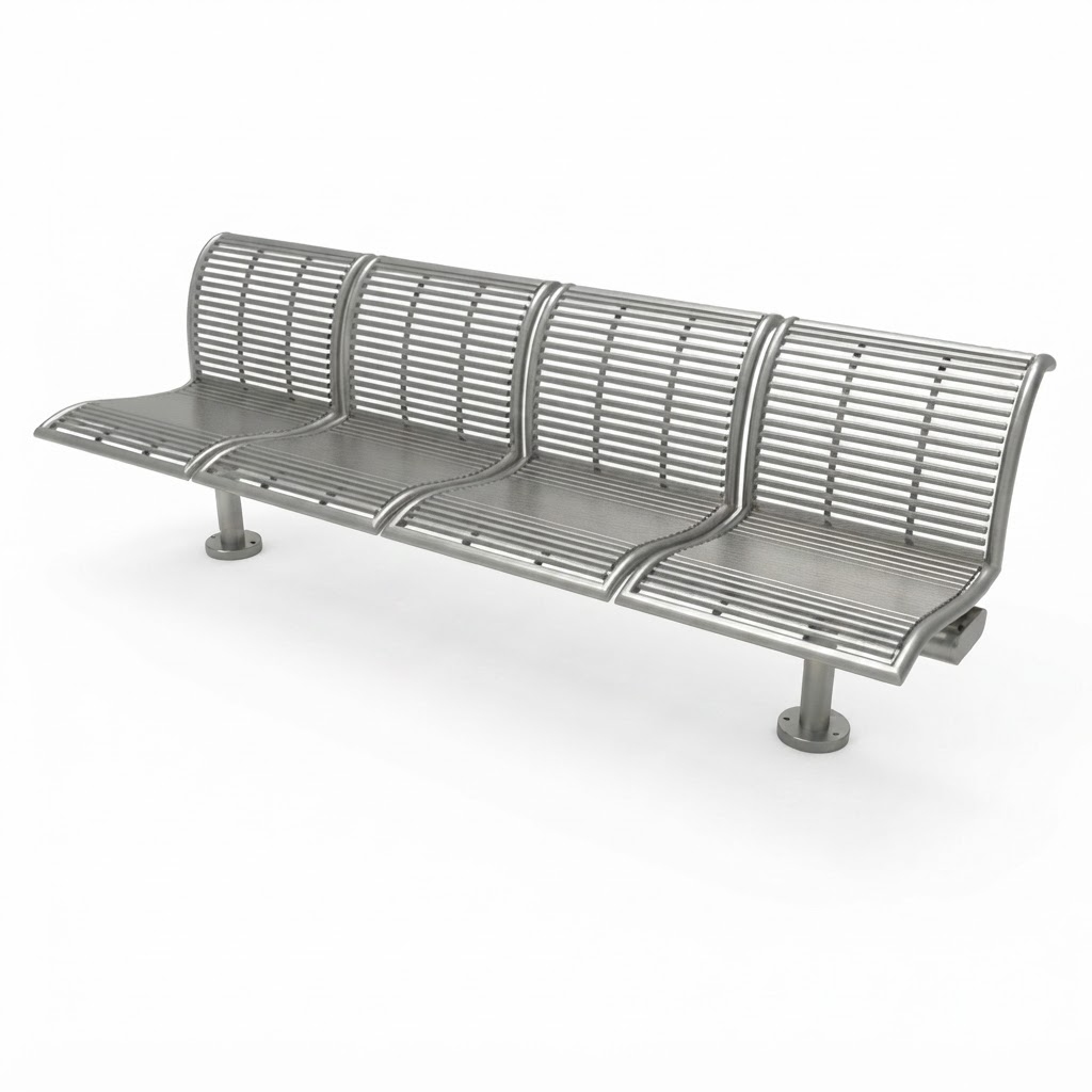 A modern three-seat metal waiting bench with a slatted backrest and seat, shown at an angle on a plain white background.