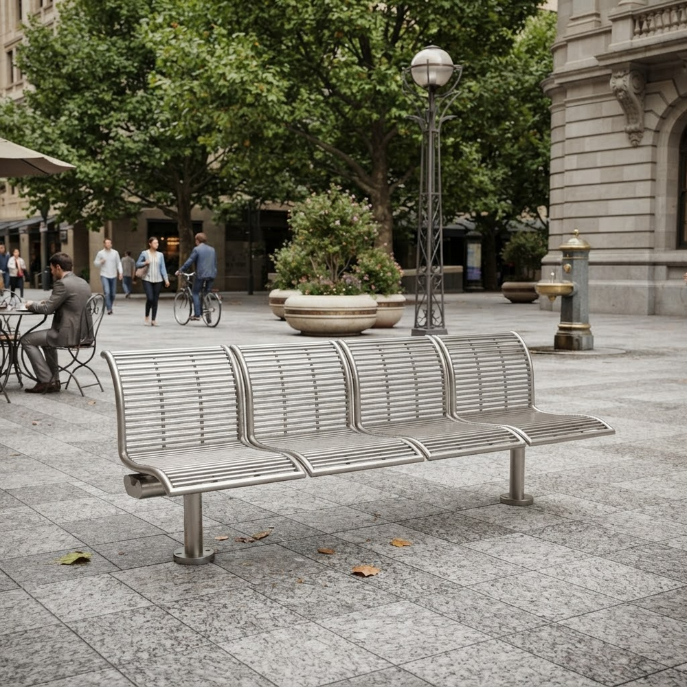 A modern three-seater metal bench with a slatted back and seat, situated in an outdoor urban plaza with people, trees, and stone buildings in the background.